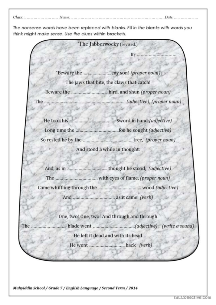 Worksheet for analyzing the poem "Jabberwocky" by Lewis Carroll for seventh graders