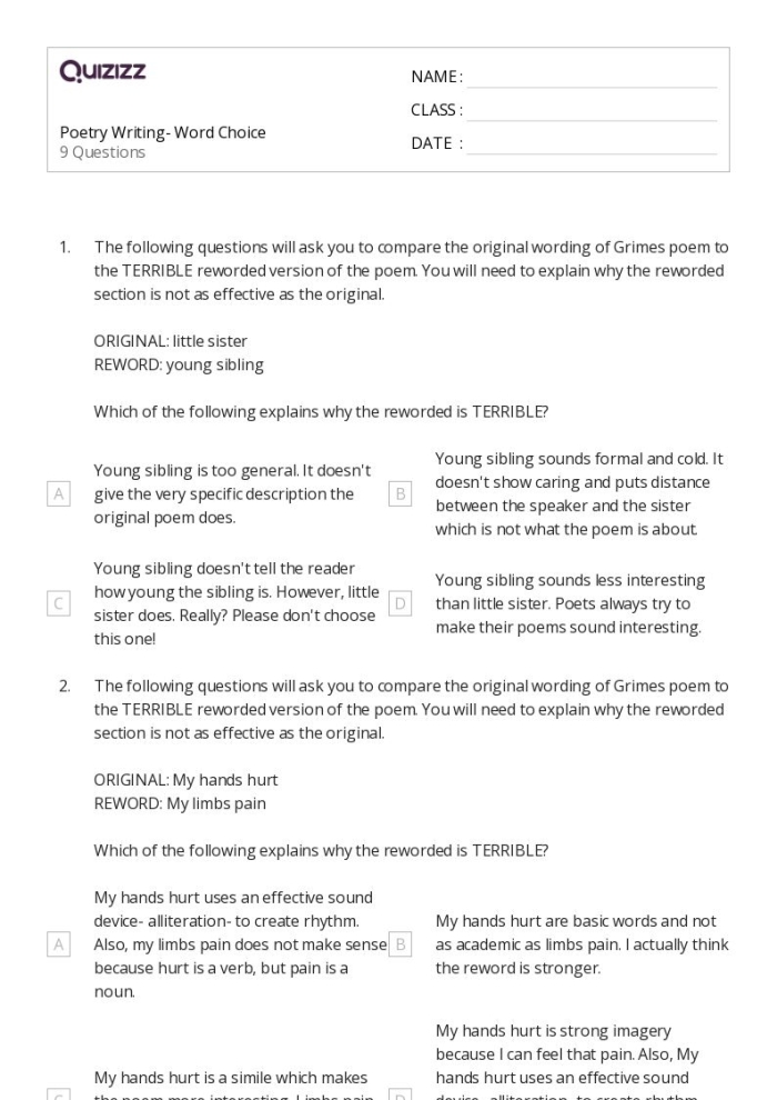 Seventh grade students practicing reading comprehension with the Analyzing Poetry Jabberwocky worksheet