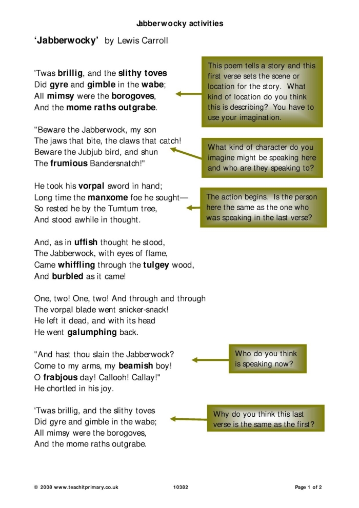 Seventh grade worksheet for analyzing the poem "Jabberwocky" by Lewis Carroll