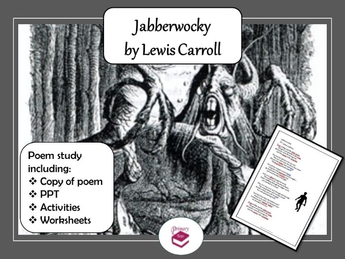 Seventh grade students reading and analyzing the nonsense poem Jabberwocky on a worksheet