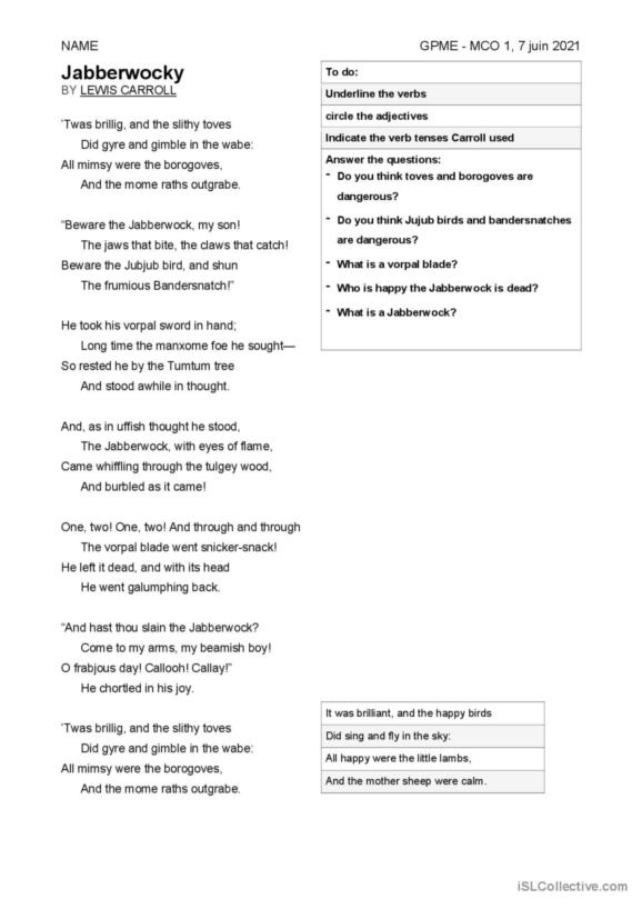Worksheet featuring a reading comprehension activity on Lewis Carroll's poem "Jabberwocky" for seventh graders