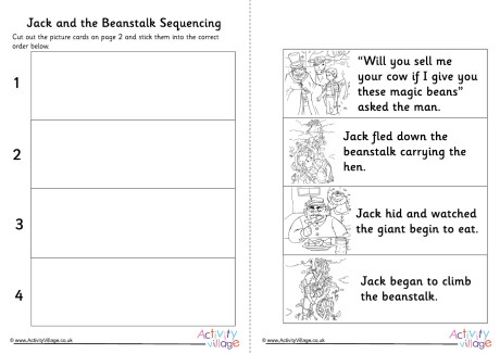 Jack and the Beanstalk story sequence worksheet for kindergarten students to organize the pictures. Help Jack fix the mixed-up story with this engaging activity!