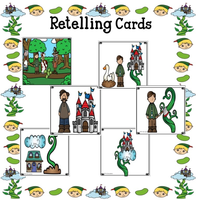 Kindergarten students arranging cut-out pictures into the correct narrative order for the Jack and the Beanstalk sequence worksheet