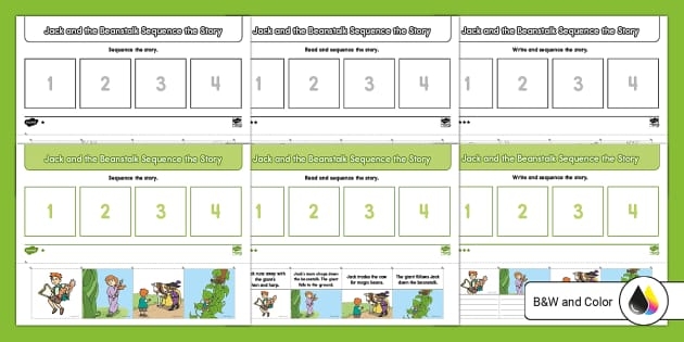 Jack and the Beanstalk story sequence worksheet for kindergarten, featuring jumbled pictures to cut and rearrange. Help Jack retell his adventure by fixing the story order!