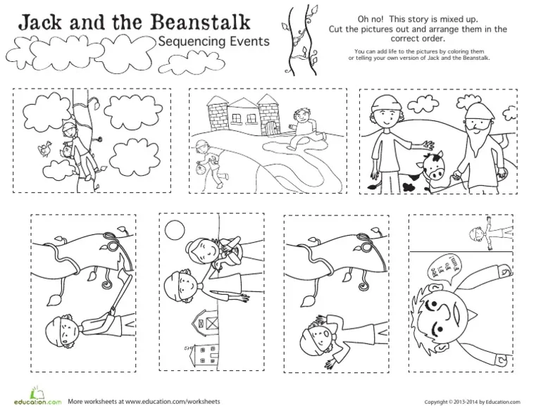 Jack and the Beanstalk story sequence worksheet for kindergarten students to arrange the pictures. Fun activity to help young readers organize Jack's adventure in the garden!