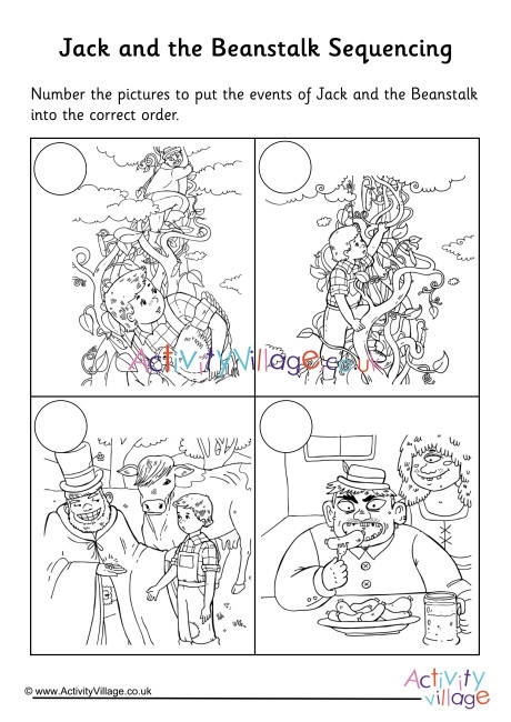 Kindergarten student cutting out and arranging Jack and the Beanstalk picture cards in the correct story order