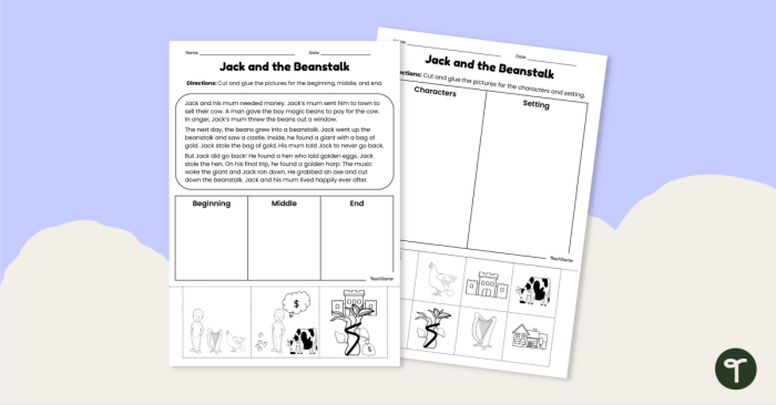 Jack and the Beanstalk story sequence worksheet for kindergarten students to organize. Fun activity to help young readers arrange Jack's adventure in the right order.