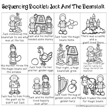Jack and the Beanstalk story sequence worksheet for kindergarten students to rearrange the pictures. Help Jack fix his jumbled story with this engaging activity sheet!