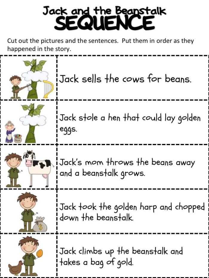 Jack and the Beanstalk story sequence worksheet for young readers in kindergarten