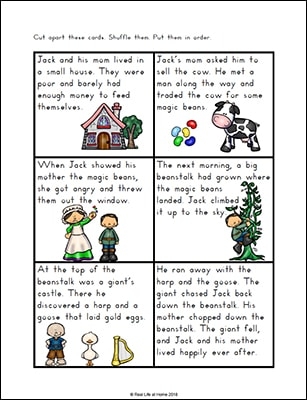 Jack and the Beanstalk story sequence worksheet for kindergarteners to cut and organize images