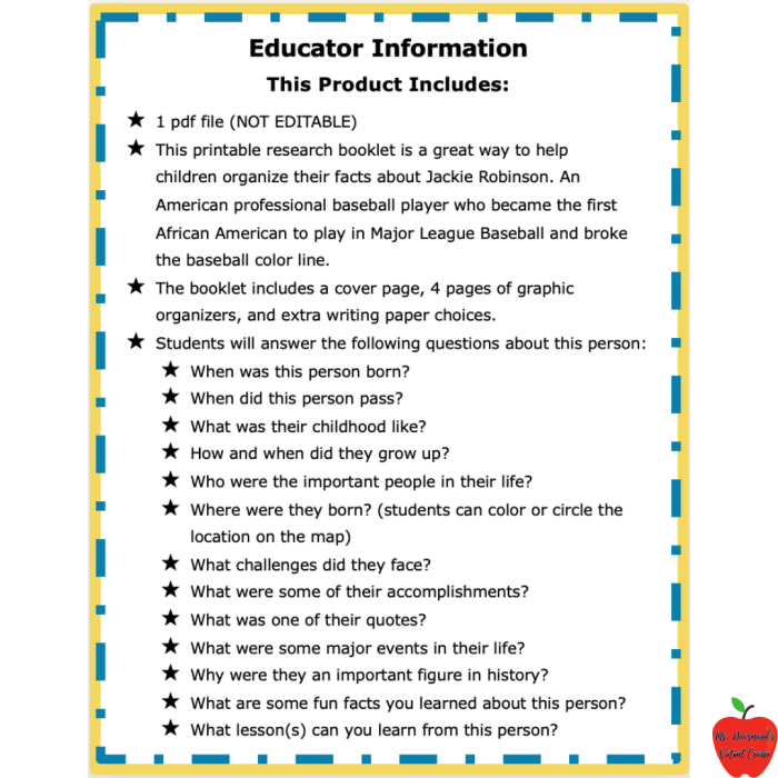 Jackie Robinson biography worksheet for third graders highlighting key events in his life