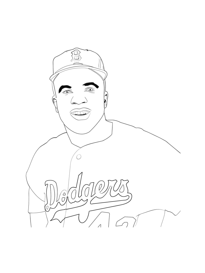 Pre-K economics activity featuring a printable illustration of Jackie Robinson 21 Jackie Robinson coloring page worksheet for preschool students showing a baseball player 21