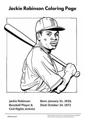 Jackie Robinson worksheet illustration showing the historic baseball player for young learners Jackie Robinson coloring page for Pre-K students learning about the pioneering baseball player in economics class