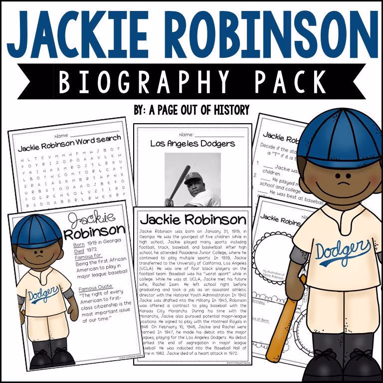Jackie Robinson biography worksheet for third graders focusing on sequence of events