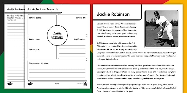 Jackie Robinson biography worksheet for third graders focusing on sequence of events