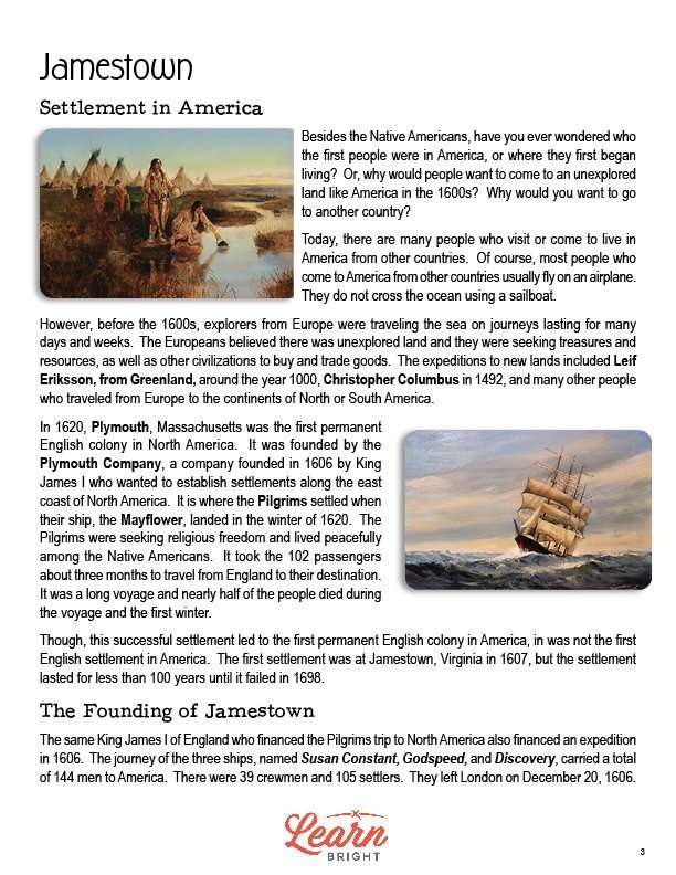 Educational worksheet on Colonial America: Jamestown for fourth graders Worksheet featuring the Jamestown colony and key settlers for fourth-grade students
