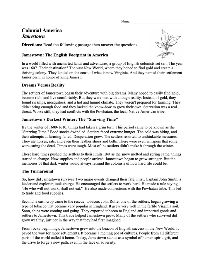 Educational resource for teaching Colonial America: Jamestown history Jamestown colony worksheet for fourth graders focusing on key settlers and events