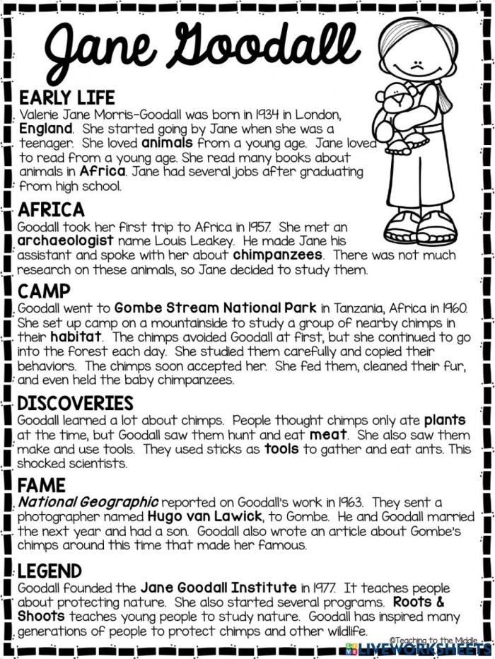 Jane Goodall biography worksheet for fourth graders focused on animal research