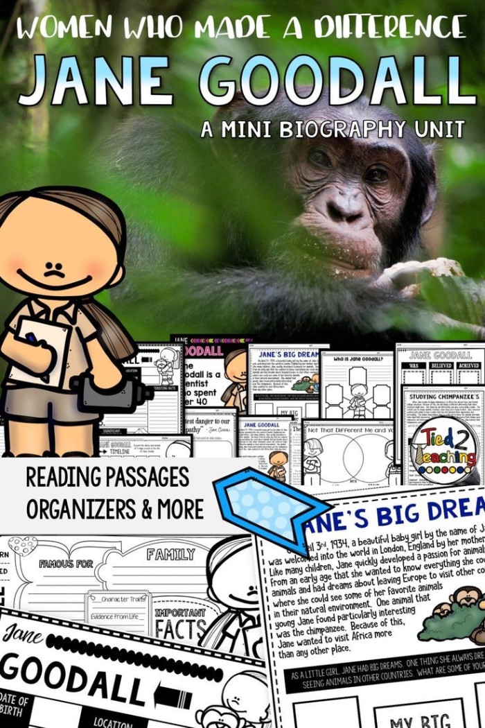 Jane Goodall Biography worksheet for fourth graders focusing on animal research