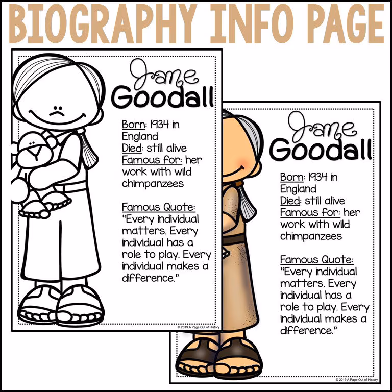 Jane Goodall Biography worksheet for fourth graders focusing on animal research