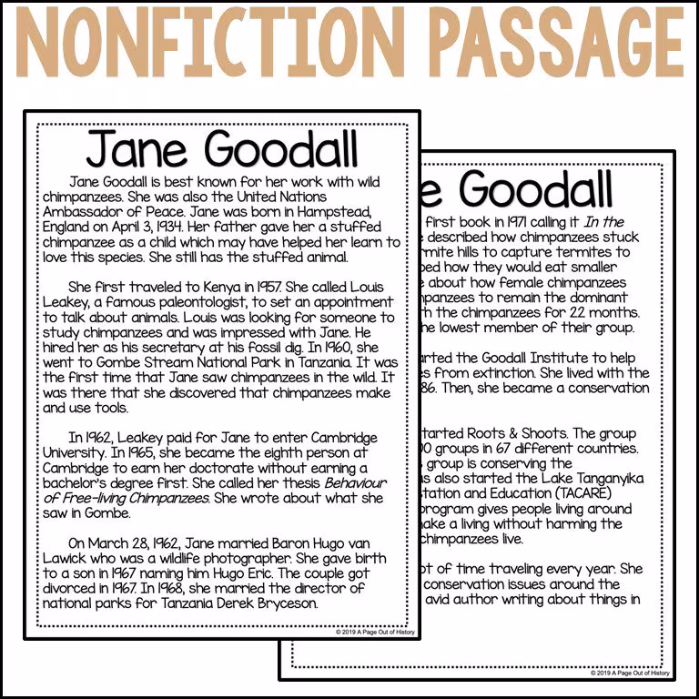 Jane Goodall Biography worksheet for fourth graders focusing on animal studies