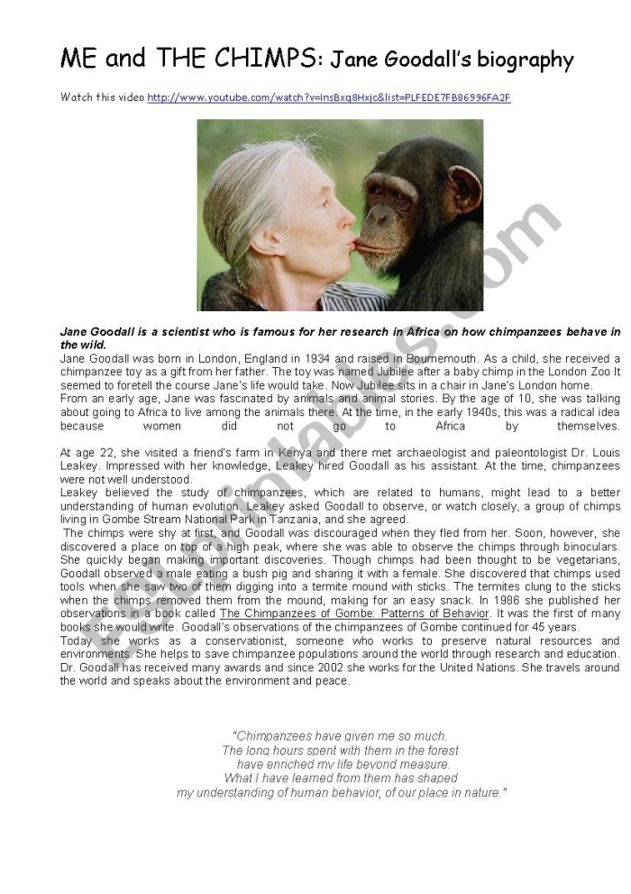 Jane Goodall Biography worksheet for fourth graders focused on animal research
