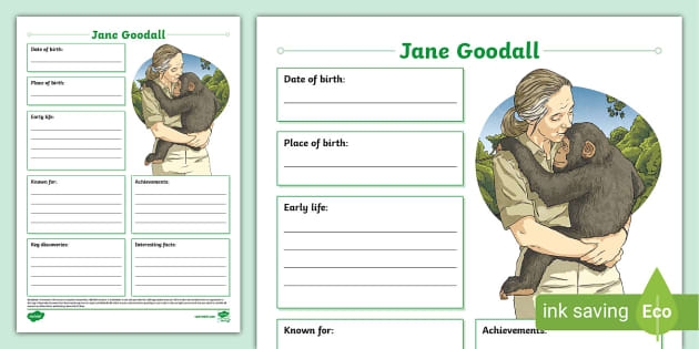 Jane Goodall Biography worksheet for fourth graders focusing on animal research