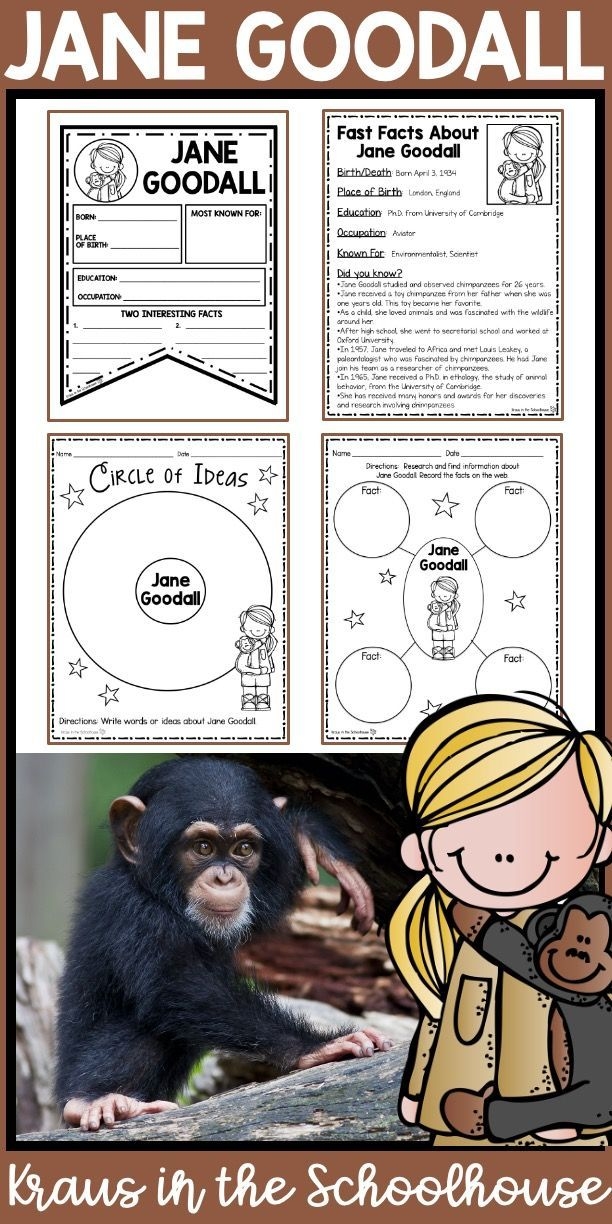 Jane Goodall Biography worksheet featuring engaging animal research activities for kids