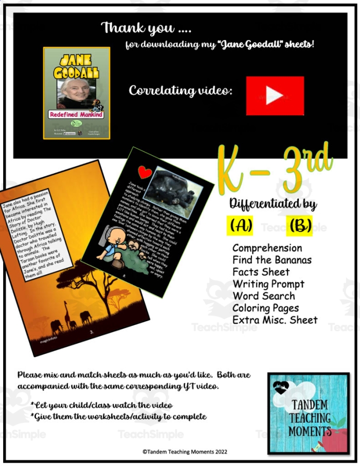 Second grade reading worksheet featuring a lesson on the life and conservation work of Jane Goodall