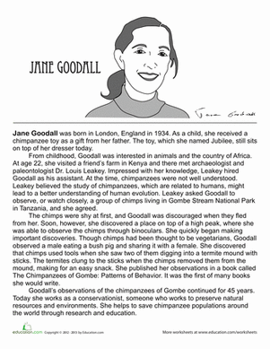 Jane Goodall Biography worksheet featuring engaging activities for fourth graders interested in animals