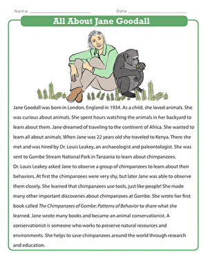 Illustration of a Jane Goodall biography worksheet designed for fourth graders interested in animal research