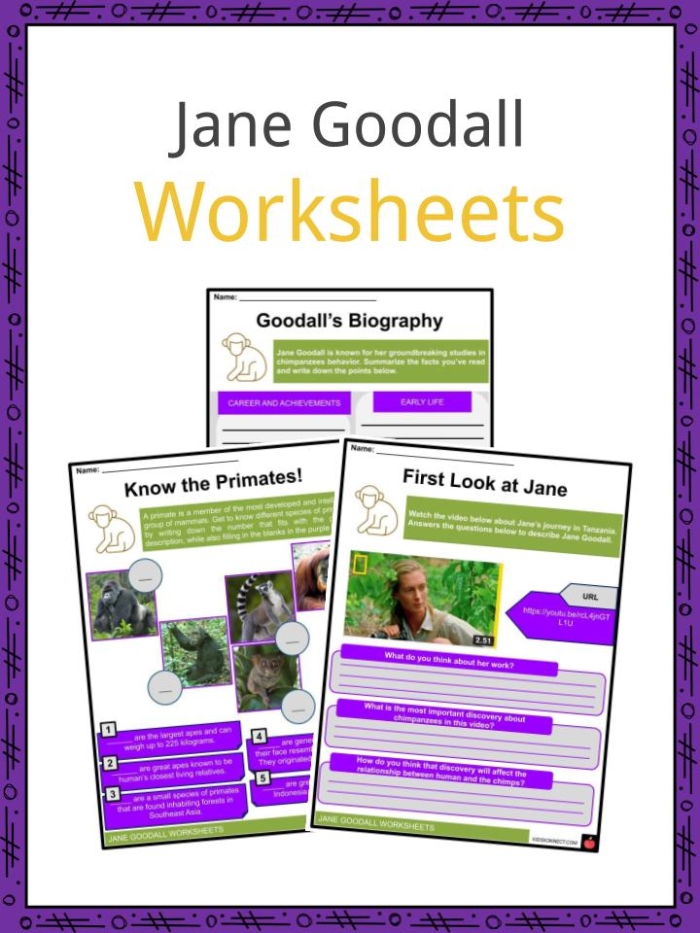 Jane Goodall Biography worksheet featuring animals and research activities for kids
