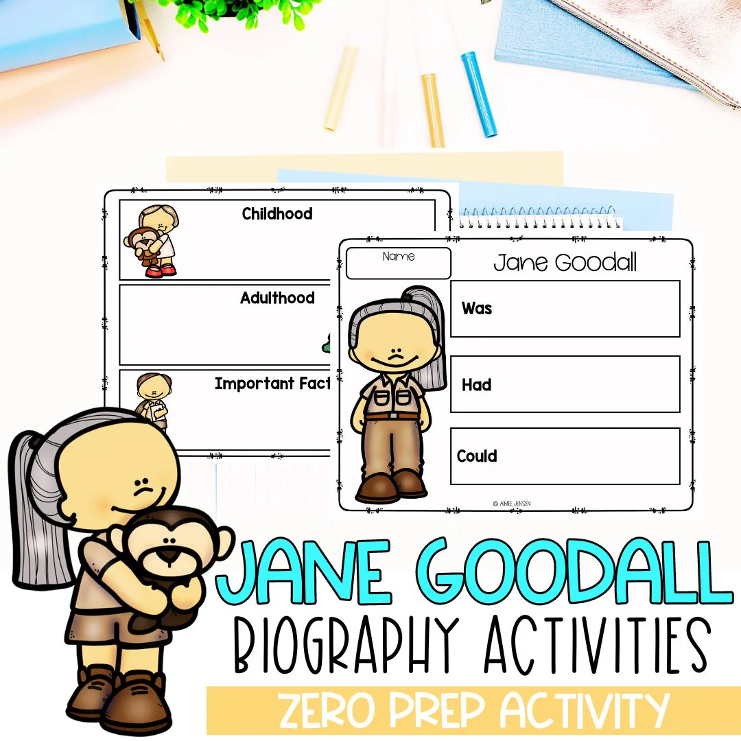 Jane Goodall Biography worksheet for fourth graders focusing on animal studies