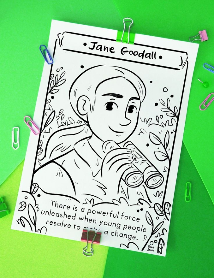 Inspiring coloring activity featuring Jane Goodall, renowned scientist of the 20th century Jane Goodall coloring page worksheet for young animal lovers