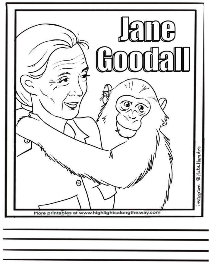 Inspiring Jane Goodall Coloring Page worksheet for Pre-K students Coloring page featuring Jane Goodall, renowned primatologist, for young animal lovers