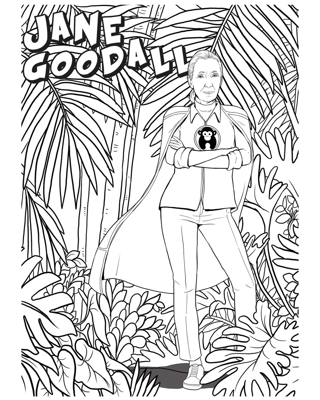 Jane Goodall Coloring Page worksheet for inspiring young minds Coloring page featuring Jane Goodall, ideal for young animal lovers in Pre-K