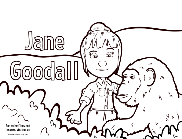 Inspiring coloring activity inspired by Jane Goodall for young learners Jane Goodall coloring page worksheet for Pre-K animal lovers featuring a famous scientist