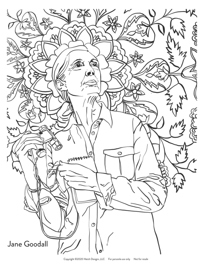 Inspiring illustration of renowned scientist Jane Goodall for kids to color Jane Goodall coloring page worksheet for young animal lovers in Pre-K