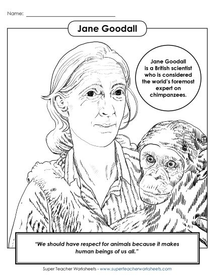 Reading worksheet for Pre-K Coloring page featuring Jane Goodall, the renowned scientist, perfect for young animal lovers. Inspiring worksheet for Pre-K students to explore the life of Jane Goodall.