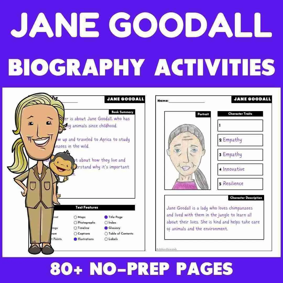Second grade reading worksheet featuring a biography and math activities about Jane Goodall