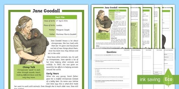 Colorful worksheet featuring Jane Goodall for kindergarten readers