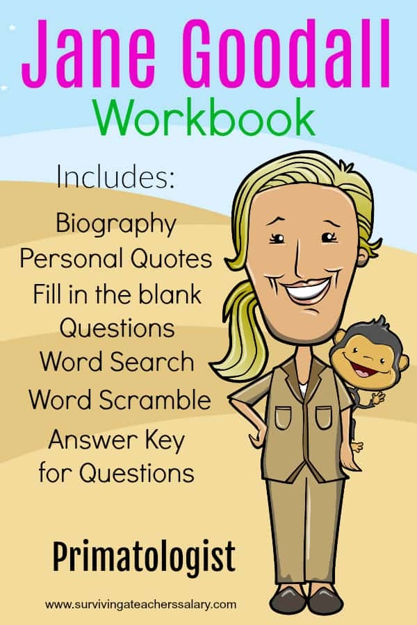 Colorful worksheet featuring Jane Goodall for early readers in kindergarten