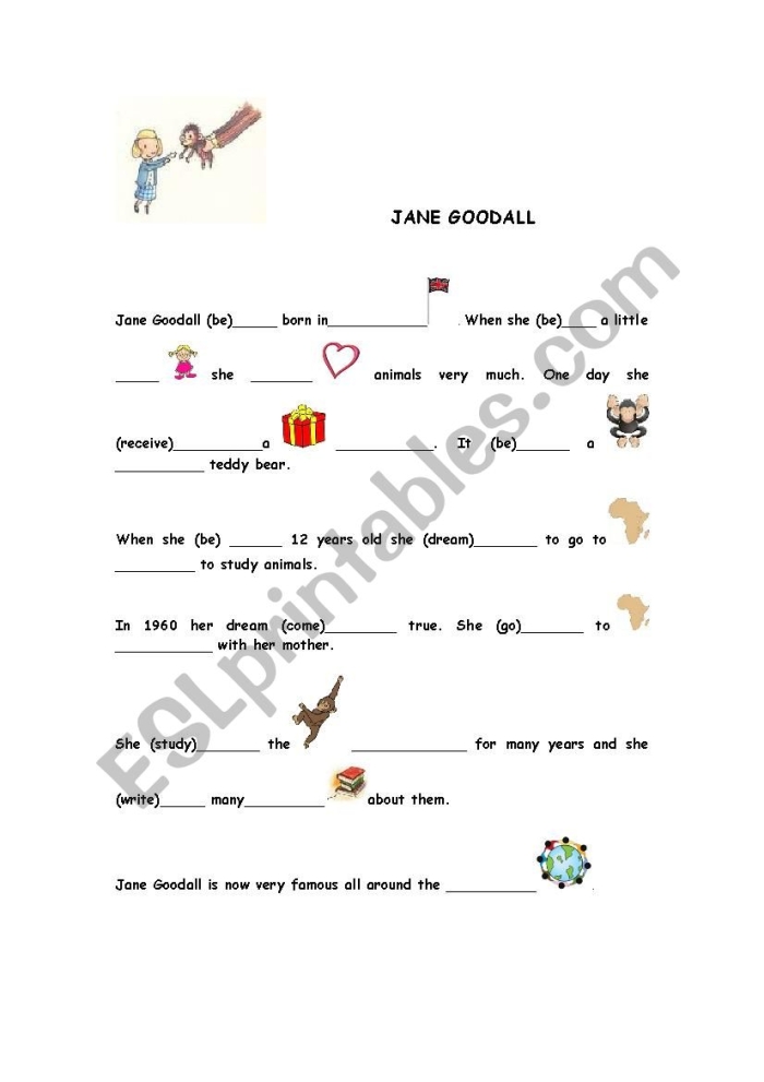Jane Goodall Reader worksheet for kindergarten students promoting early literacy skills