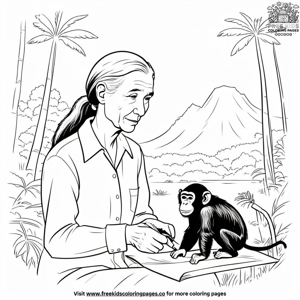 Inspiring coloring activity featuring the renowned scientist Jane Goodall Jane Goodall coloring page worksheet for Pre-K animal lovers