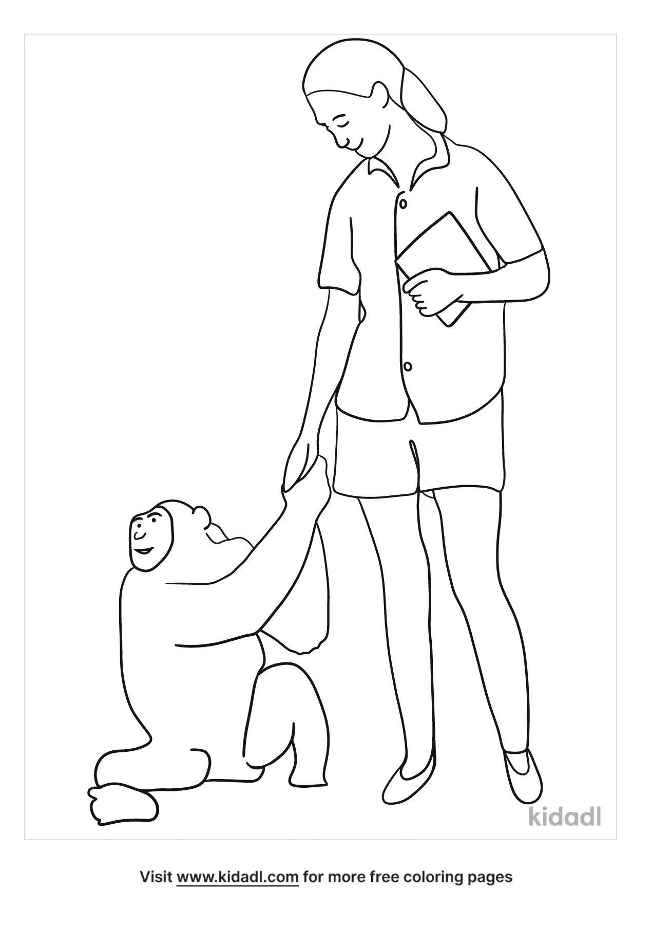 Inspiring coloring activity for Pre-K students who love animals and science Jane Goodall coloring page worksheet featuring a beloved scientist and her animal friends