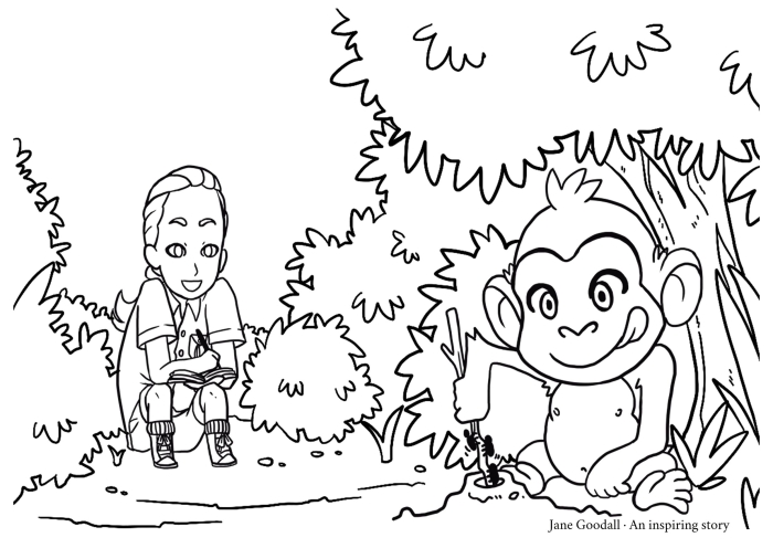 Inspiring coloring activity featuring renowned scientist Jane Goodall Jane Goodall coloring page worksheet for Pre-K animal lovers