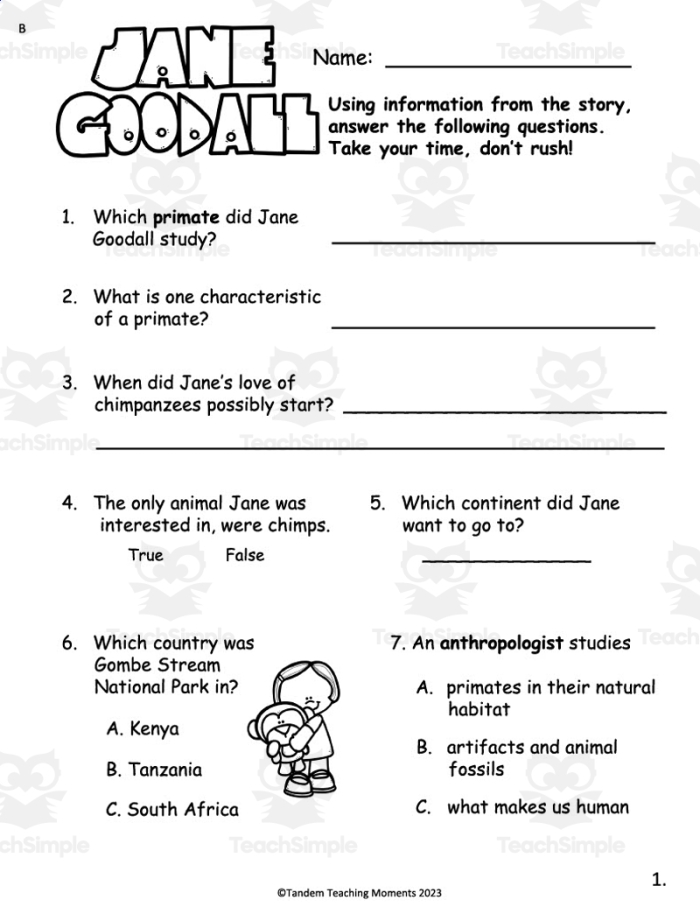 Kindergarten student reading a printable booklet titled All About Jane Goodall