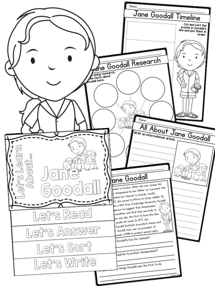 Jane Goodall Reader worksheet designed for kindergarten students to enhance literacy skills