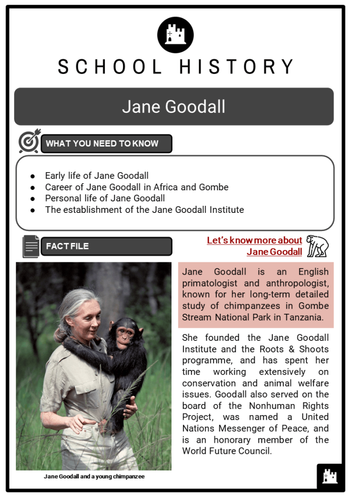 Second grade worksheet featuring a reading activity about the life and scientific work of Jane Goodall