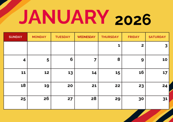 First grade calendar worksheet showing January 2026 with numbered dates and day of the week labels for children to practice reading and writing